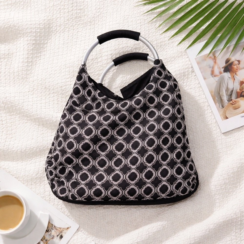 Geometric Reusable Tote/Shopping Bag Metal Circular Handles Boho Black Gray EUC
